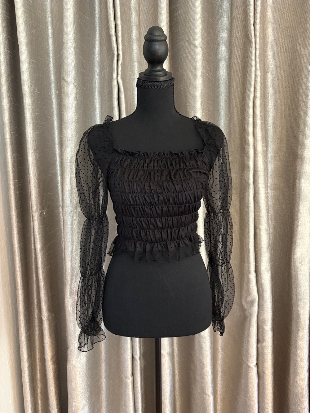 RIHOAS Black Sheer Dot Sleeve Smocked Crop Top with Ruffle Trim